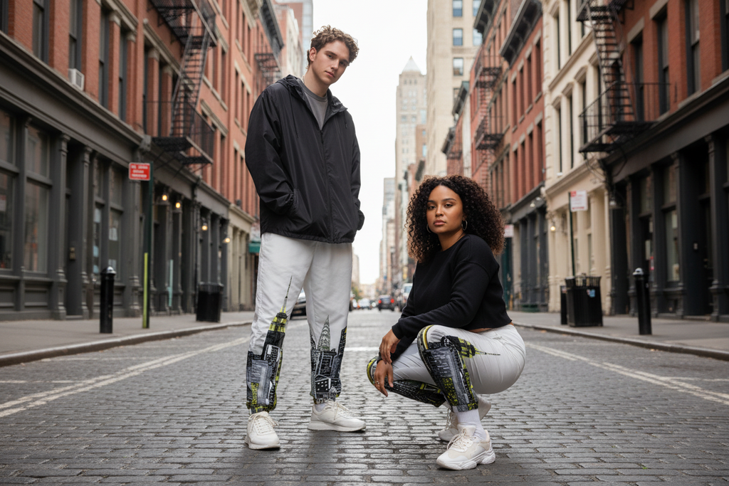 Two people standing on a city street wearing Loria NYC Art urban architecture pants 