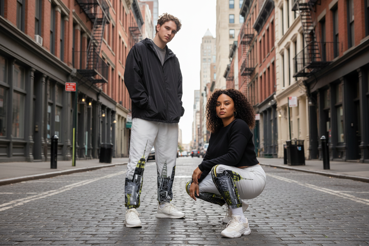 Two people standing on a city street wearing Loria NYC Art urban architecture pants 