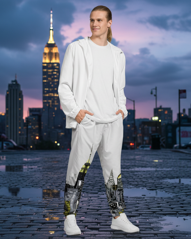 Person wearing a white outfit with patterned Loria NYC Art pants on a gray background