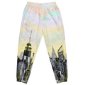 Pants with cityscape Loria NYC Art design featuring iconic buildings on a white background
