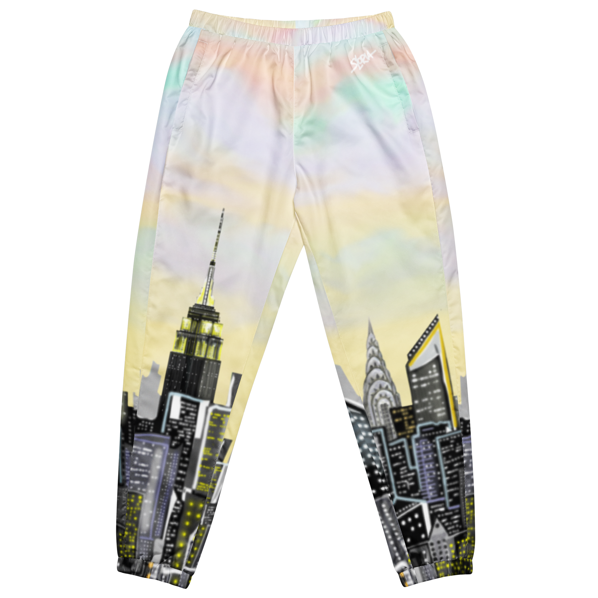 Pants with cityscape Loria NYC Art design featuring iconic buildings on a white background
