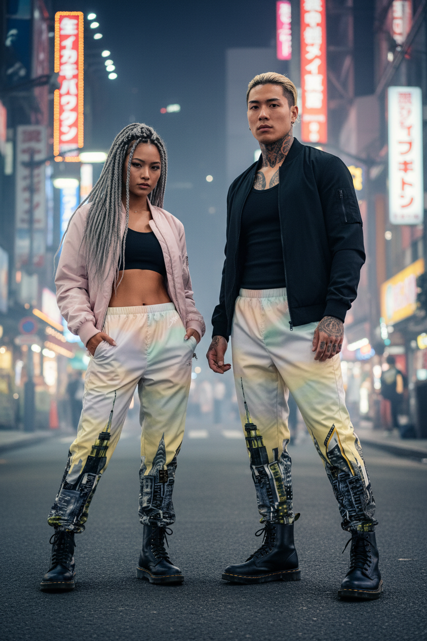 Two people wearing Loria NYC Art pants standing on a street with neon signs in the background