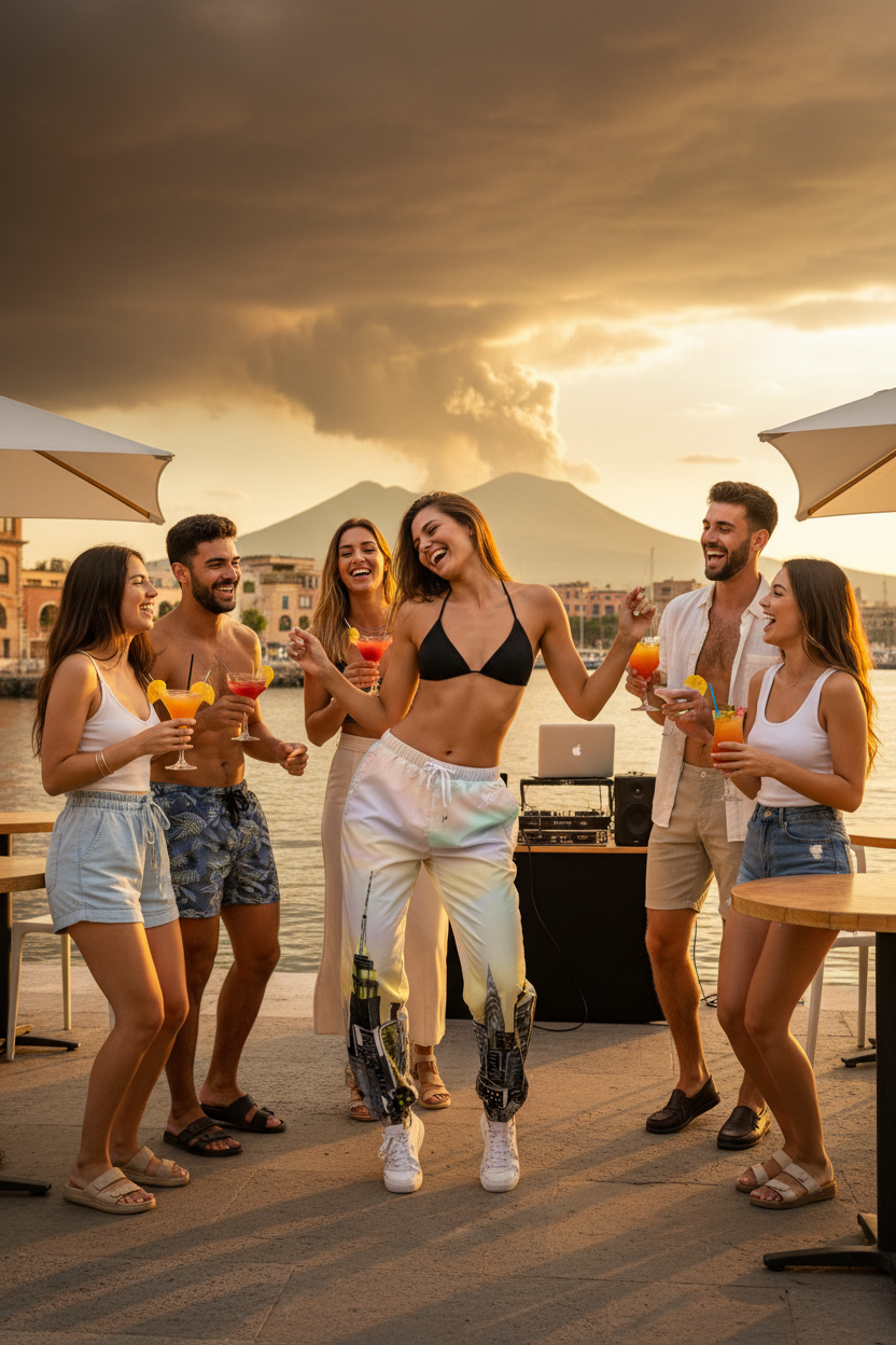 Girl wearing Loria NYC Art track pants with friends enjoying a sunset at a dockside bar with drinks and music.