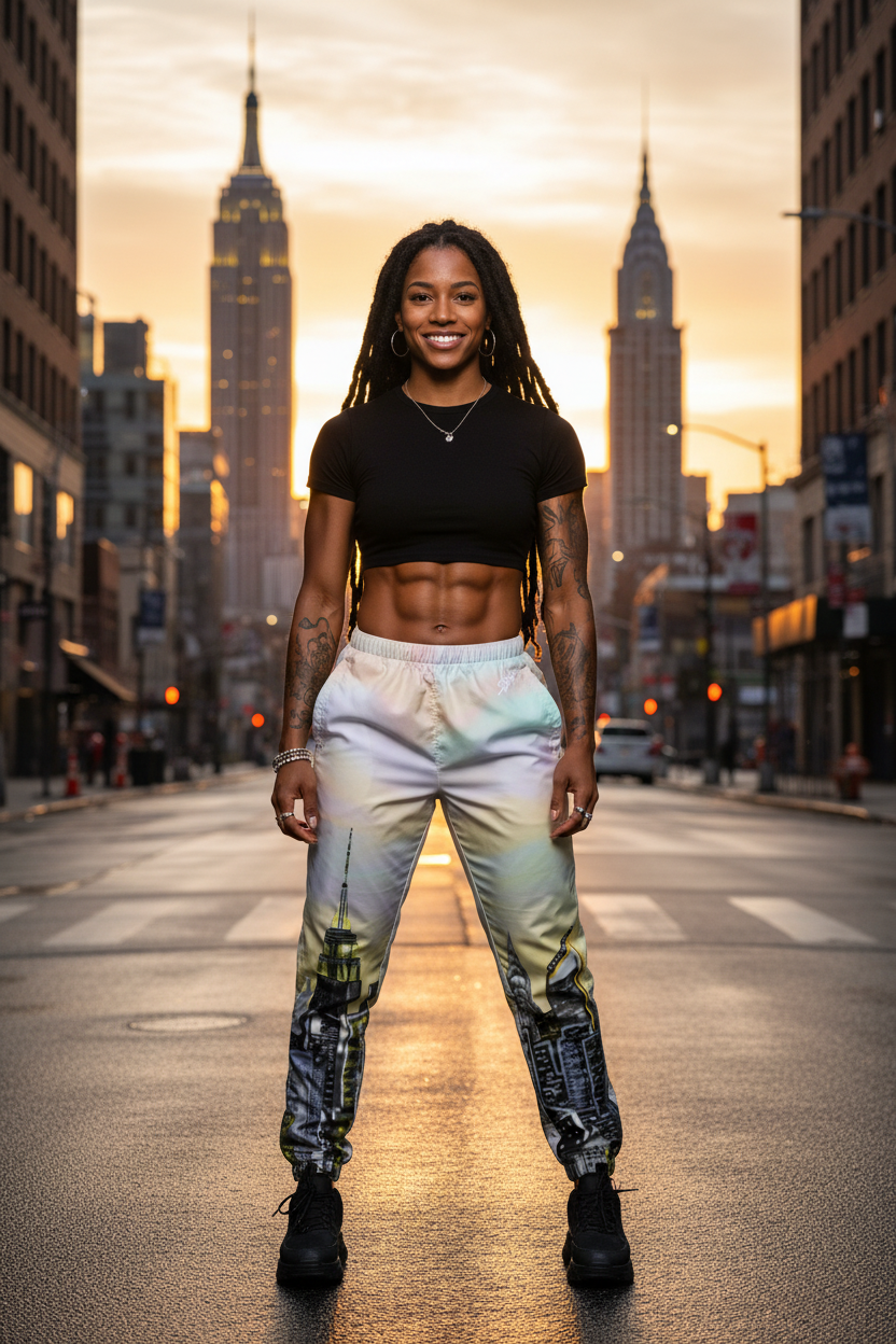 Person standing on a city street wearing Loria NYC Art track pants city with skyline in the background