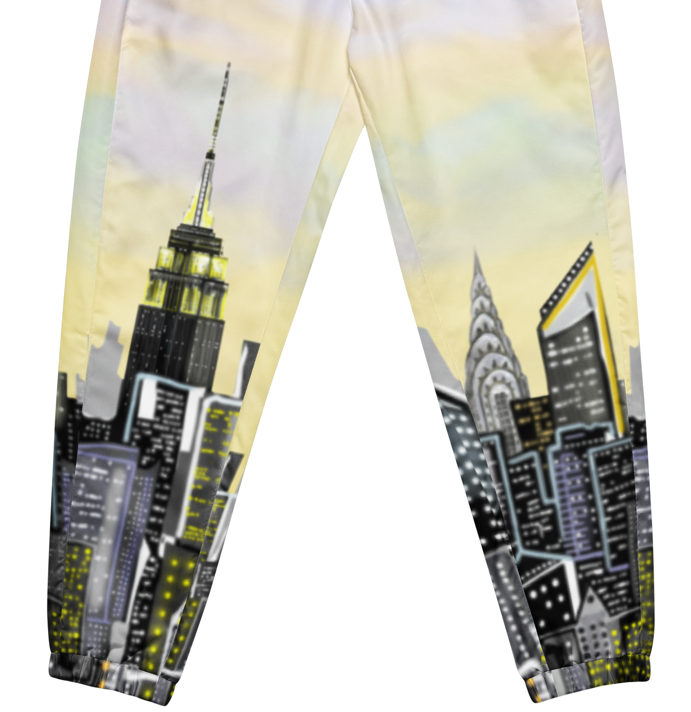 Pants with a cityscape Loria NYC Art design featuring iconic buildings on a white background