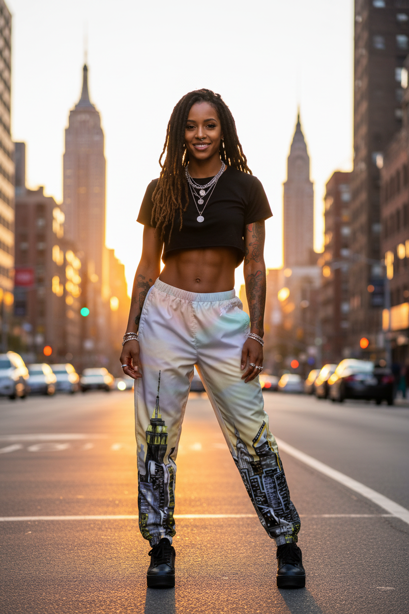 Person wearing Loria NYC Art pants on a city street with a sunset skyline