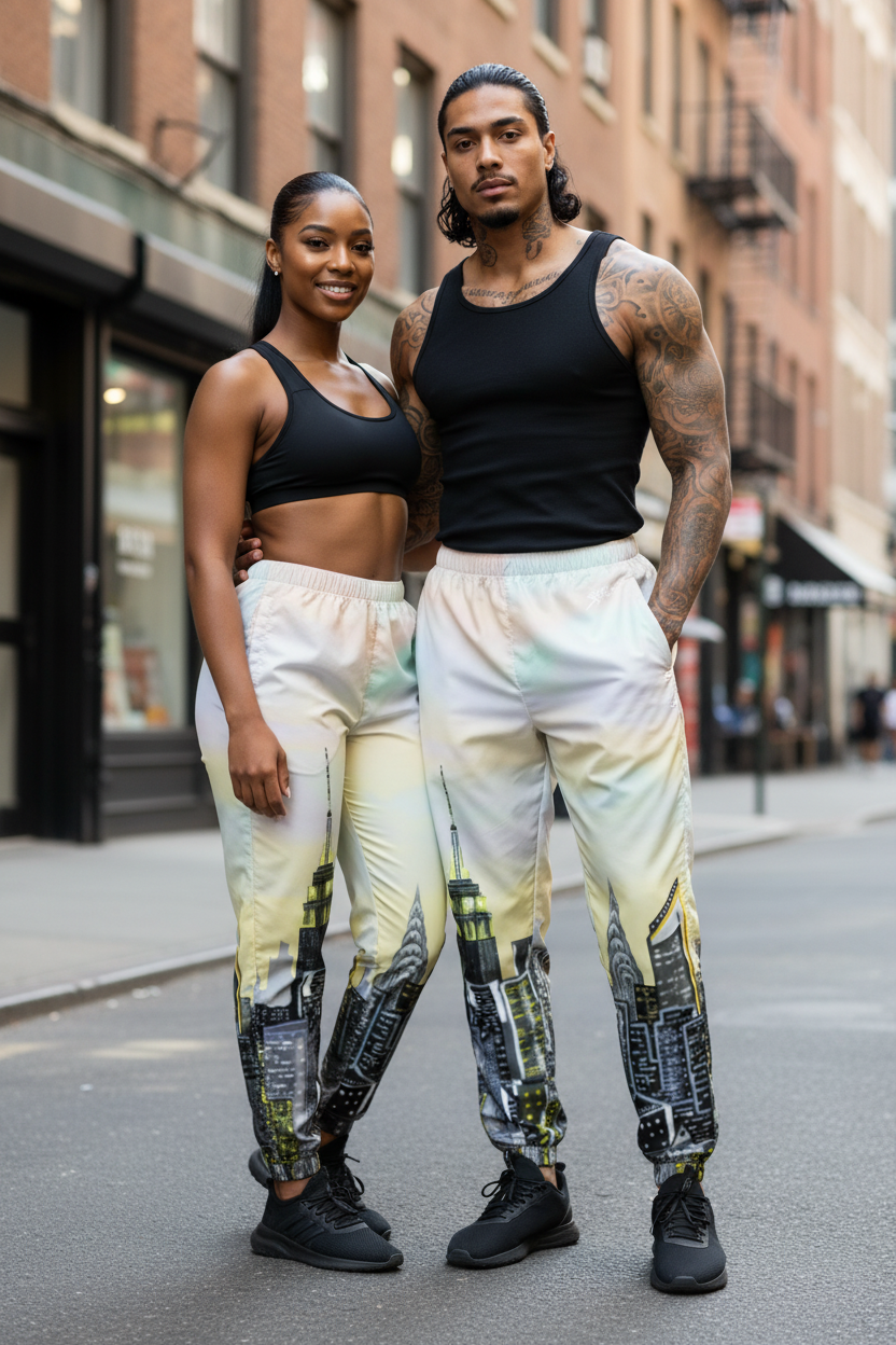 Two people wearing matching Loria NYC Art track pants on a city street.