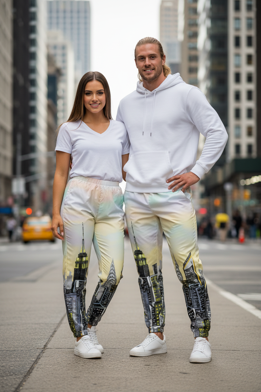 Two people wearing matching outfits with cityscape Loria NYC Art design on a city street.