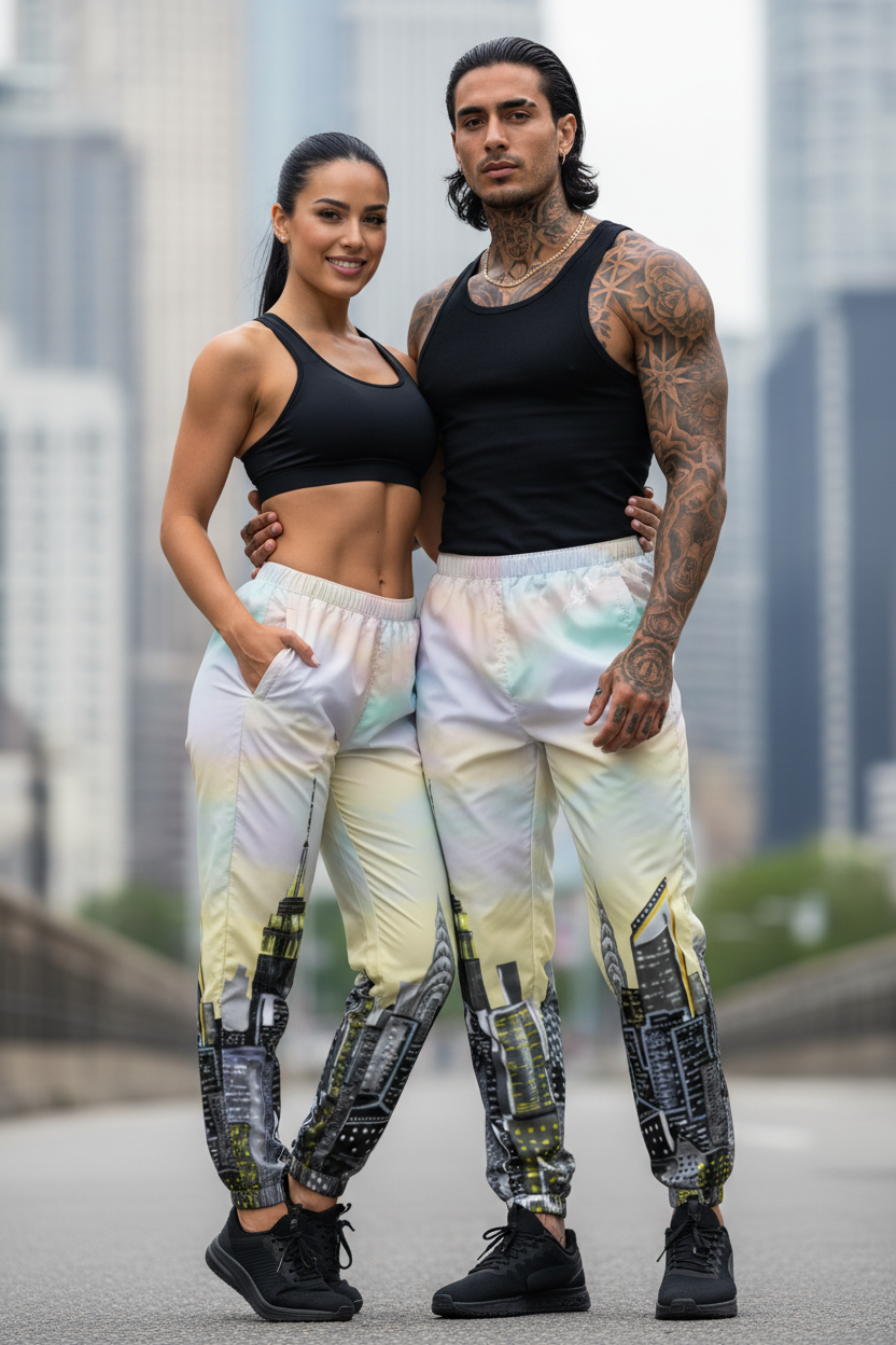 Two people wearing matching Loria NYC Art pants with a cityscape design