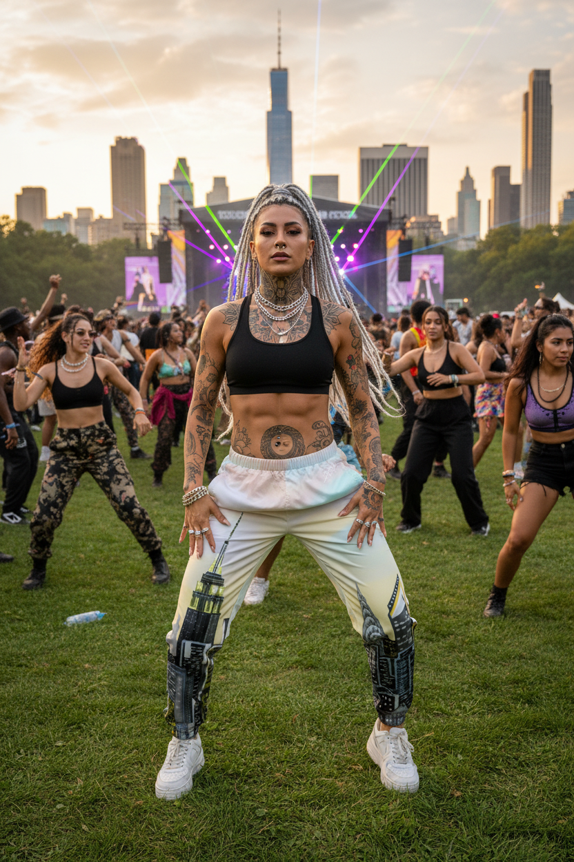 Dancer performing at a music festival wearing city skyline Loria NYC Art pants  