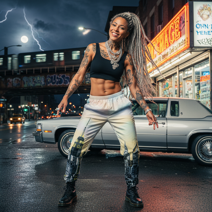 Person wearing Loria NYC Art track pants with tattoos standing on a city street at night, with lightning in the background.
