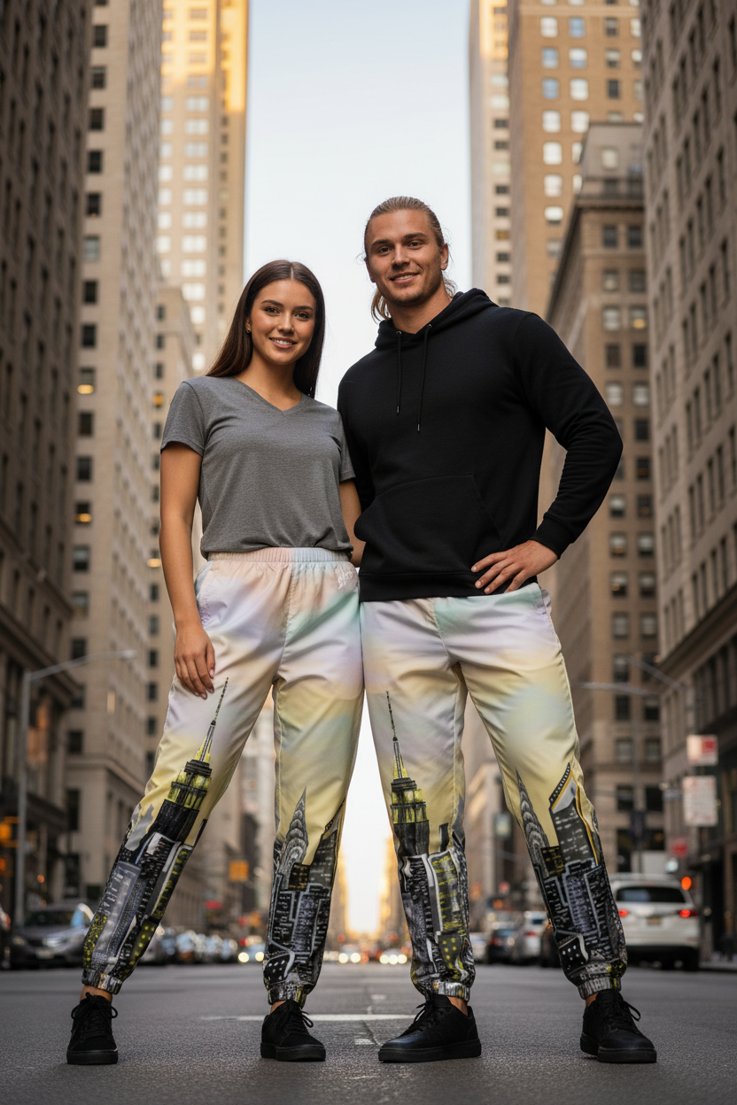 Two people wearing tie-dye pants with cityscape Loria NYC Art design on a city street.