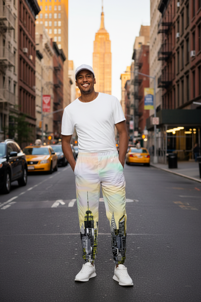 Man wearing a white t-shirt and Loria NYC Art colorful sweatpants with cityscape design on a urban background