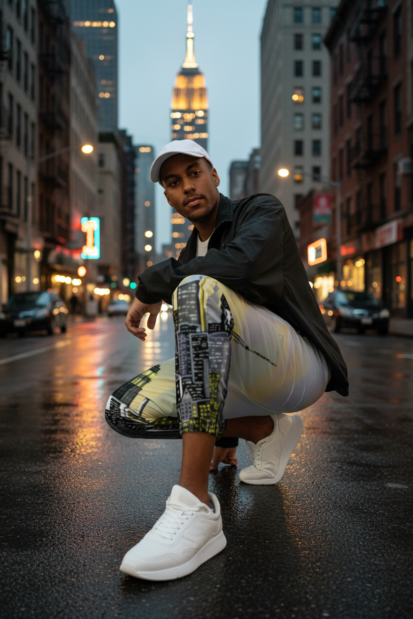 Man wearing a blue jacket, white Loria NYC Art pants with black and yellow patterns, and white sneakers on a urban background