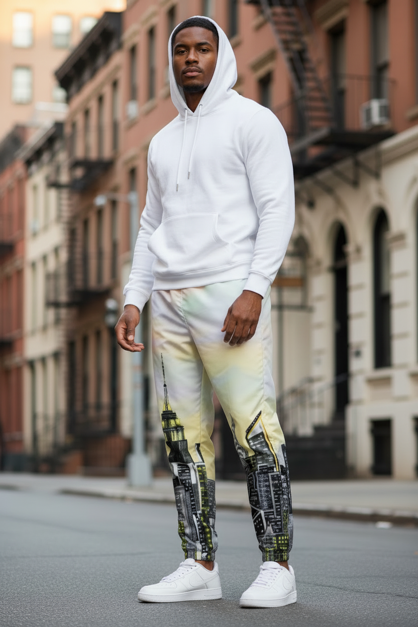Man wearing a white top and colorful Loria NYC Art pants with cityscape design on a street