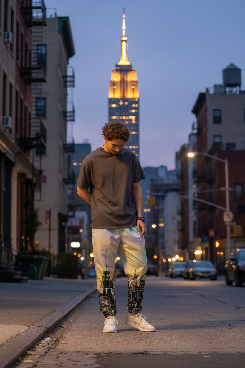 Person wearing a gray t-shirt and tie-dye pants with a Loria NYC Art cityscape design, standing against a urban background.