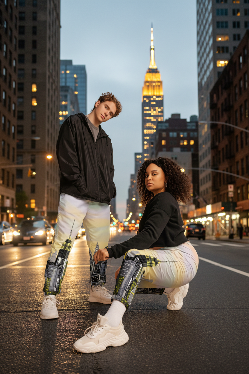Two people wearing matching outfits with cityscape Loria NYC Art pants against a urban background