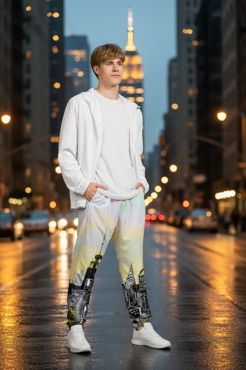 Person wearing a white hoodie and colorful Loria NYC Art pants on a gray background