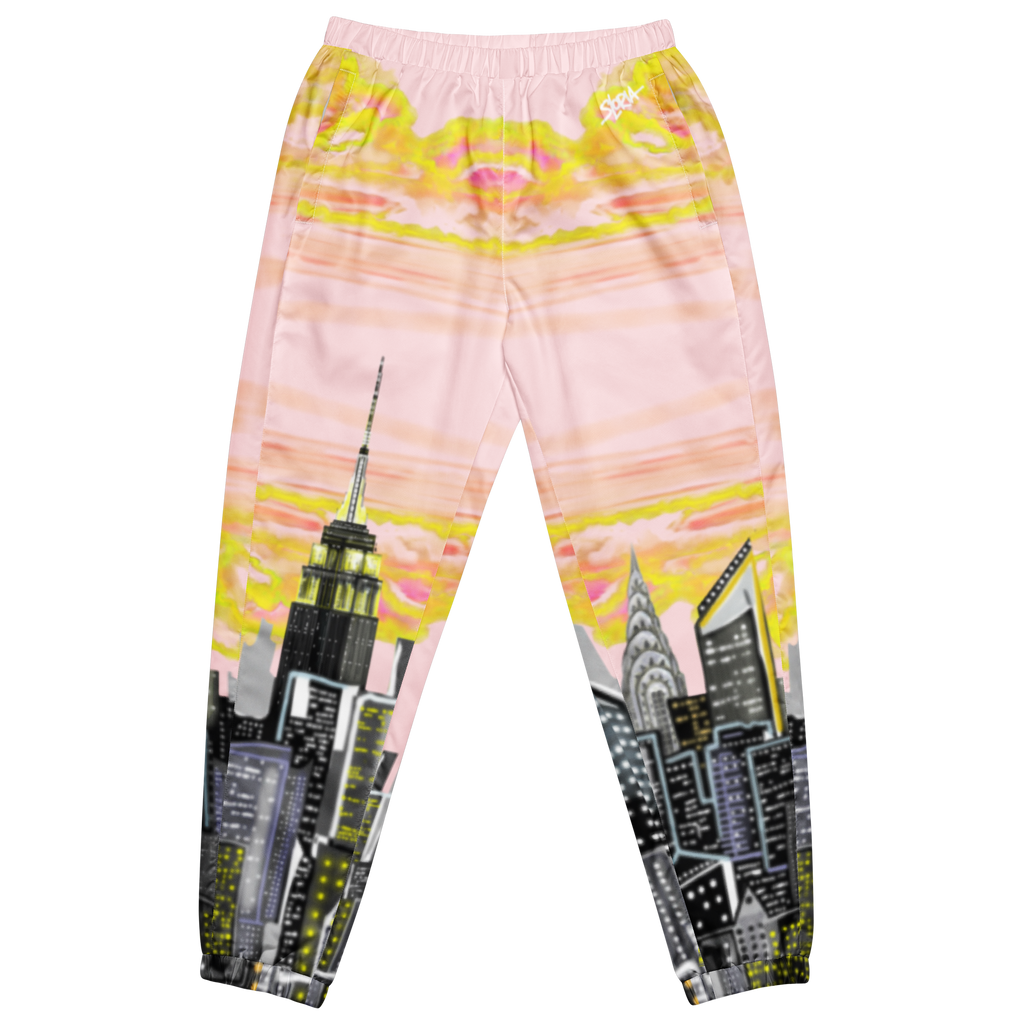Pajama pants with Loria NYC Art cityscape design on a white background
