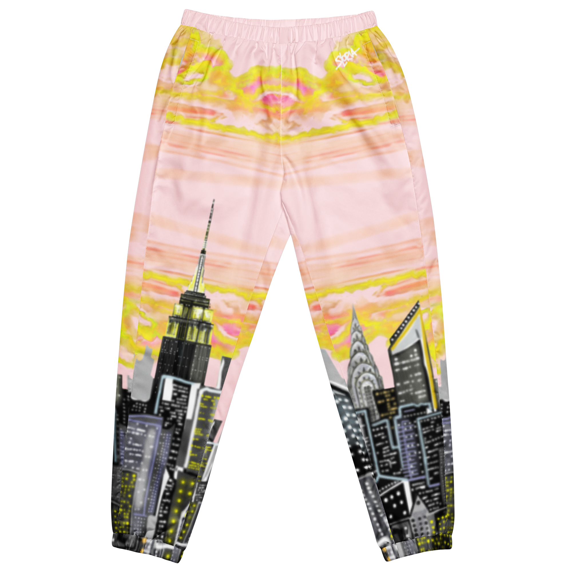 Pajama pants with Loria NYC Art cityscape design on a white background