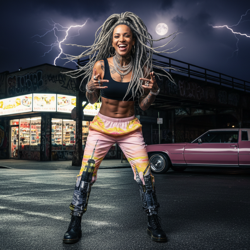 Person posing in pink Loria NYC Art pants on a street with a pink car and neon signs in the background