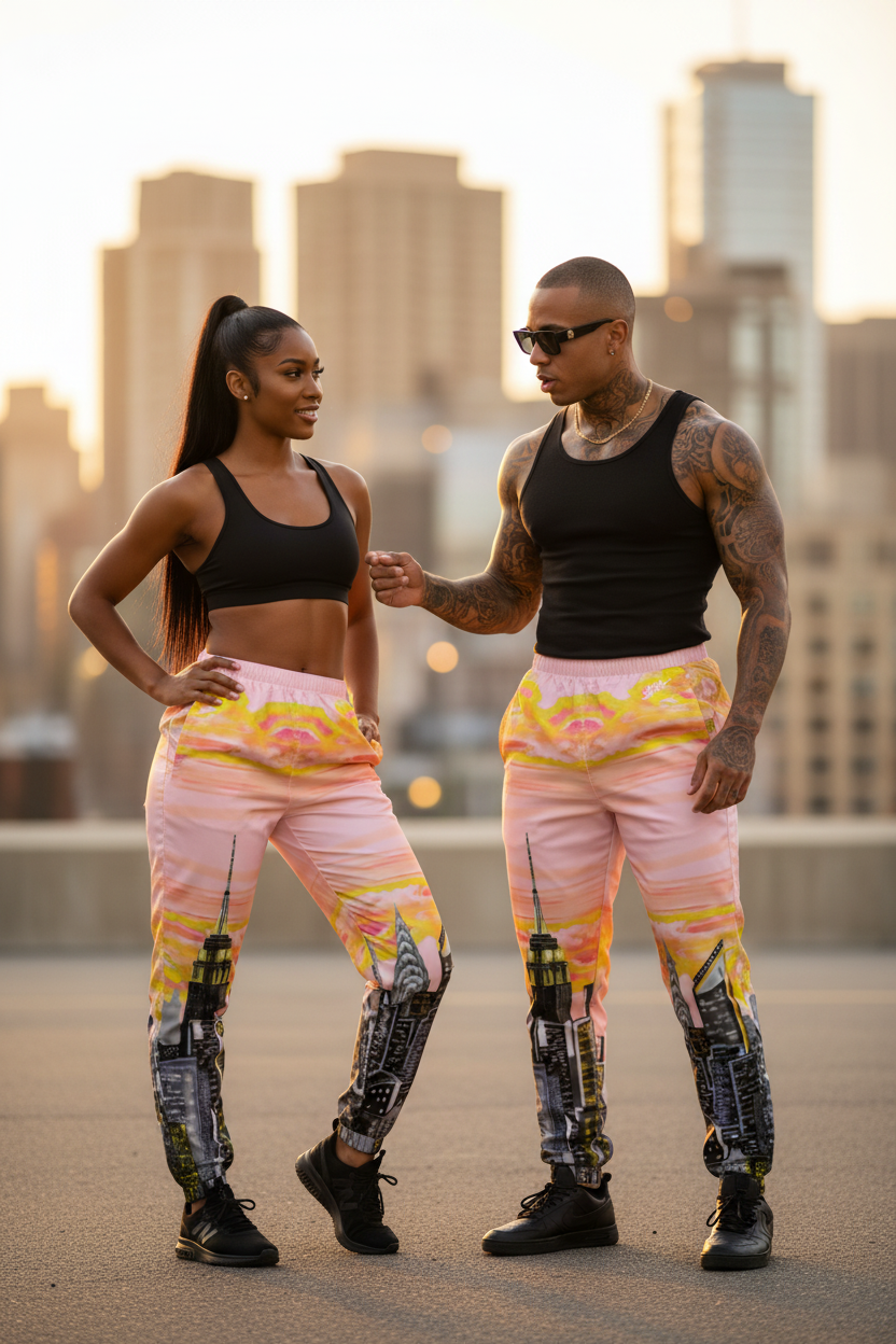 Two people in matching Loria NYC Art outfits with a cityscape background