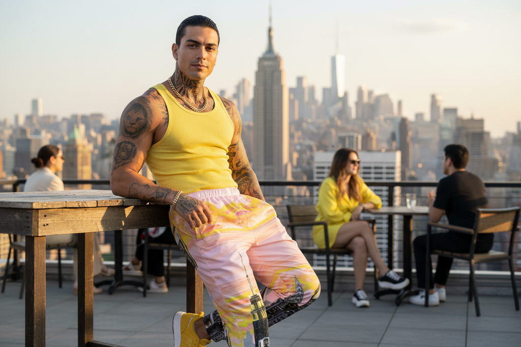 Man in yellow tank top and pink Loria NYC Art pants sitting on a rooftop with city skyline in the background
