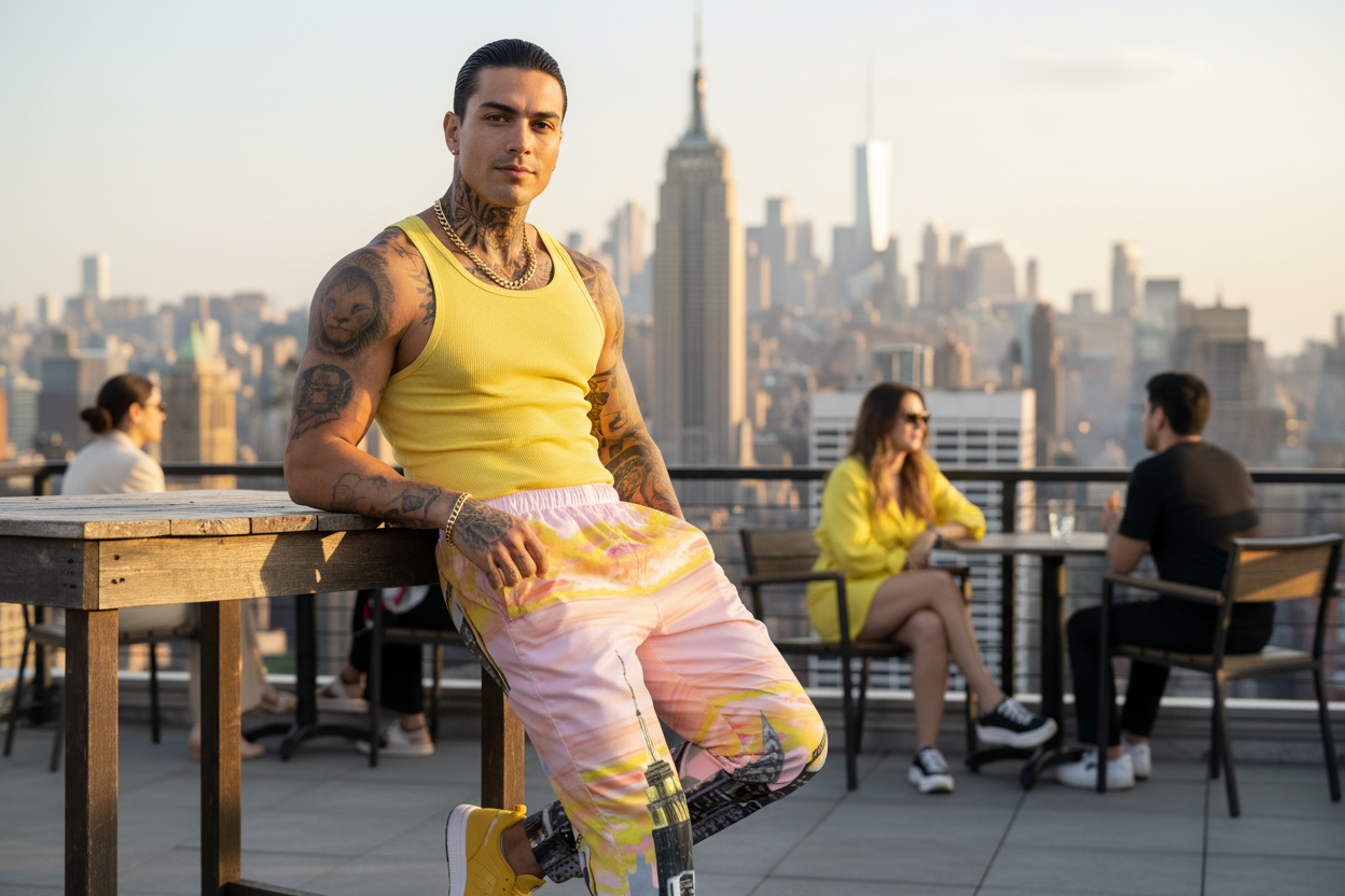Man in yellow tank top and pink Loria NYC Art pants sitting on a rooftop with city skyline in the background