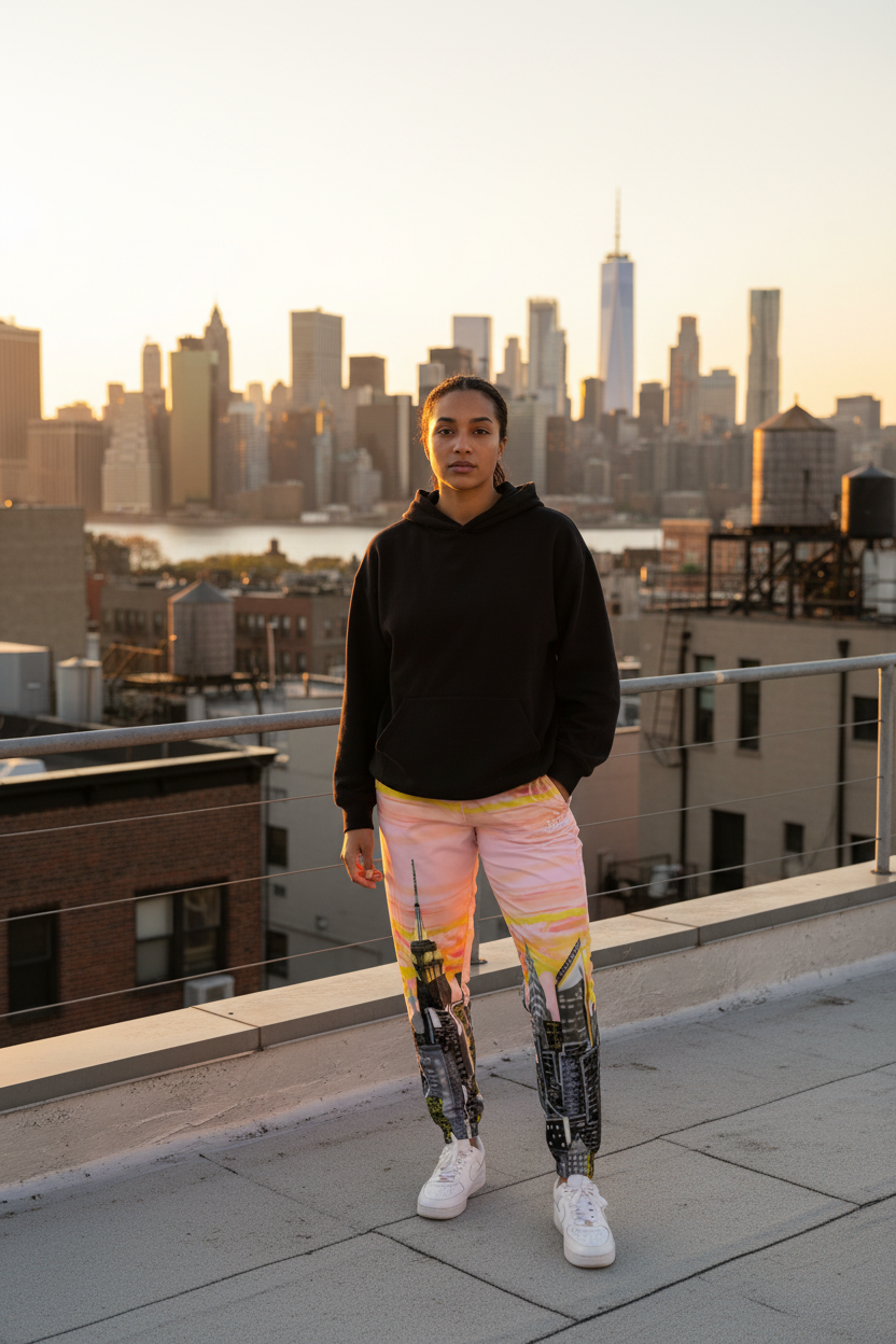 Person standing on a rooftop wearing Loria NYC Art city skyline pants 