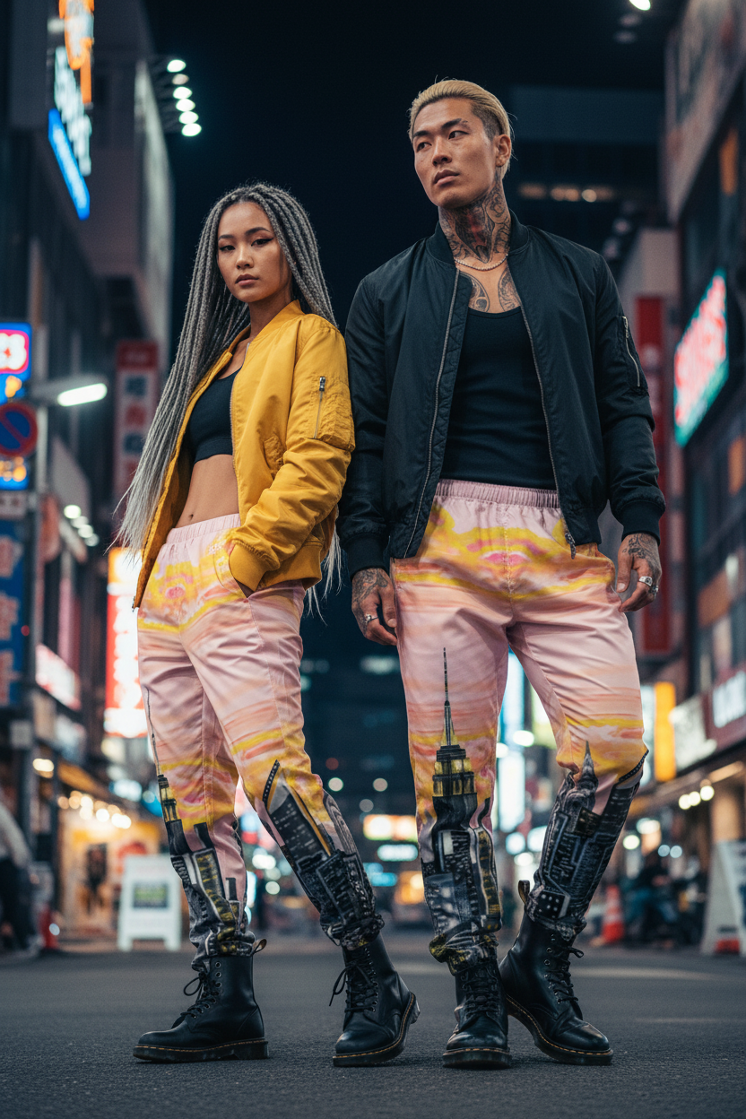 Two people wearing colorful Loria NYC Art pants standing on a neon-lit street at night.