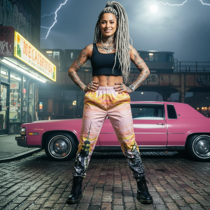 Woman wearing pink Loria NYC Art pants on a city street with neon signs and lightning in the background