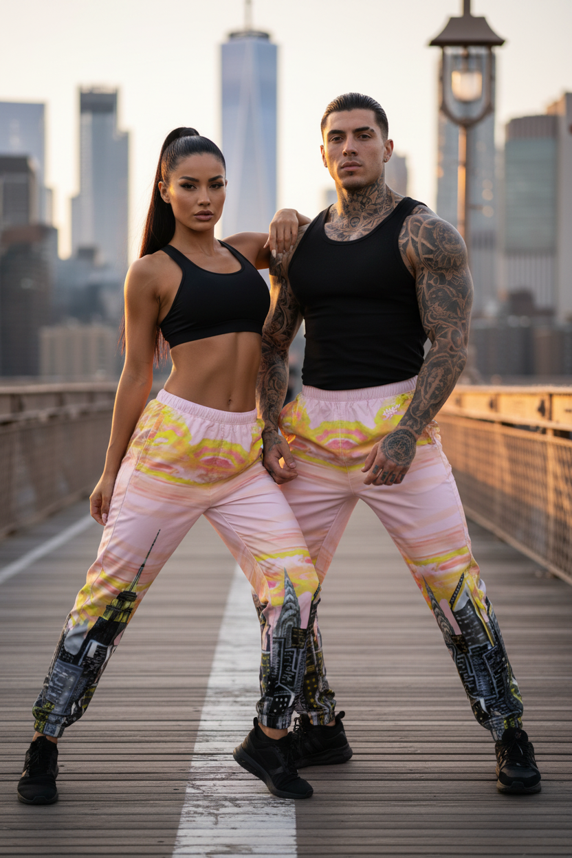 Two people wearing colorful Loria NYC Art track pants posing on a bridge with a city skyline in the background