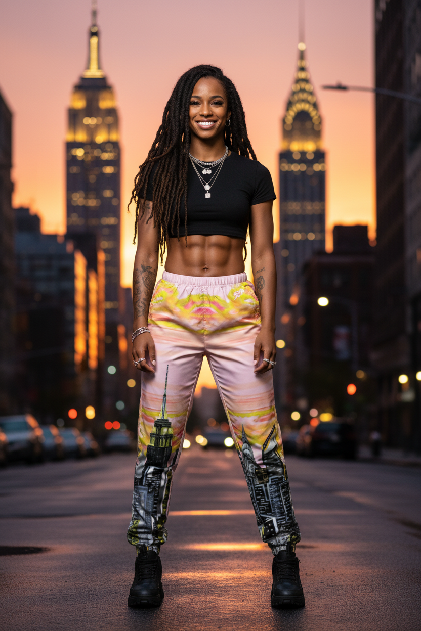 Person wearing Loria NYC Art track pants standing on a city street at sunset with tall buildings in the background
