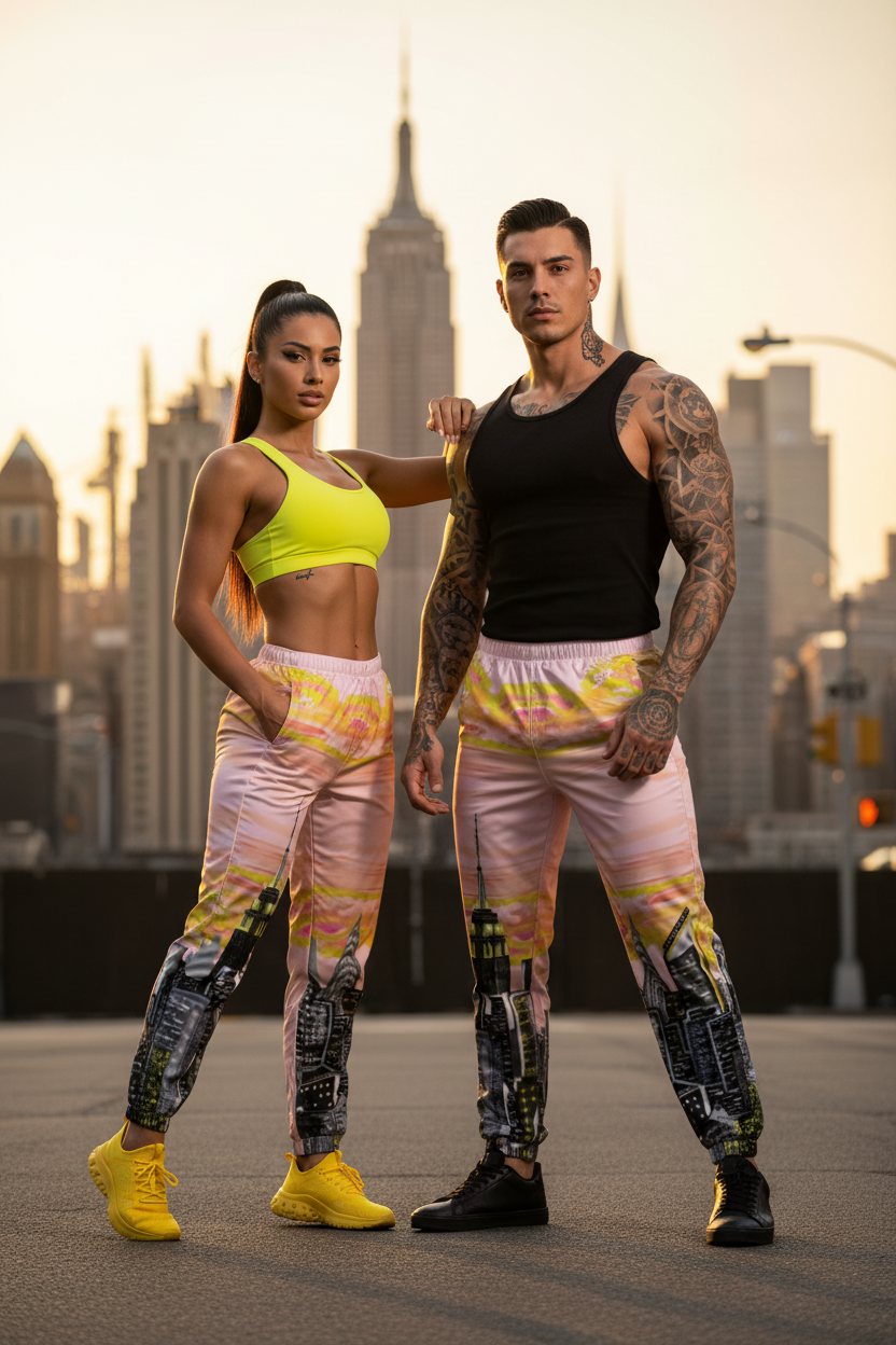 Two people wearing colorful Loria NYC Art athletic outfits with a city skyline in the background