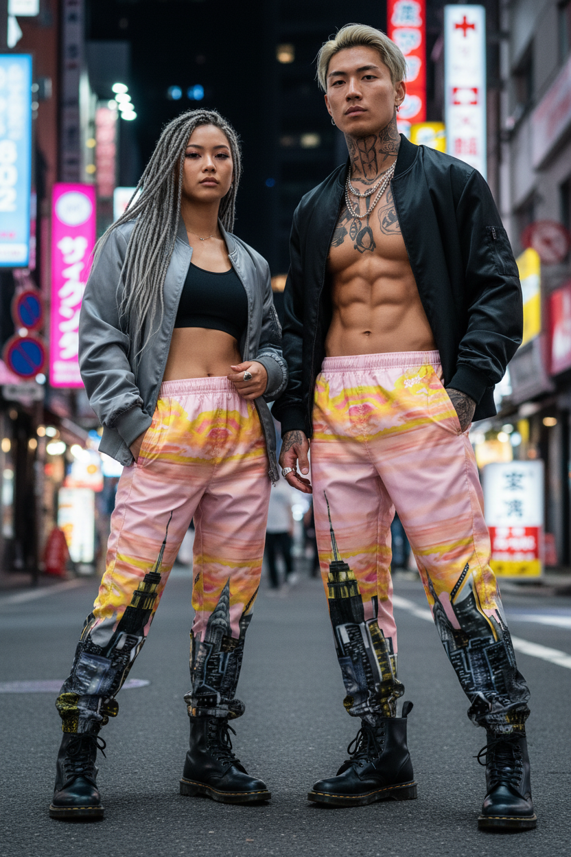 Two people wearing matching outfits with colorful Loria NYC Art pants and black jackets on a street.