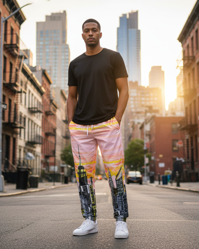 Man wearing Loria NYC Art pants on a city street with tall buildings in the background