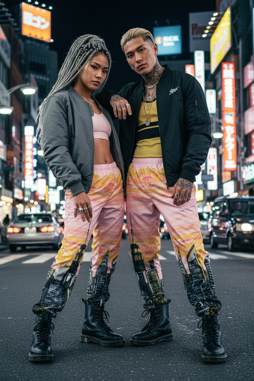 Two people in colorful Loria NYC Art track pants standing on a street with neon signs in the background
