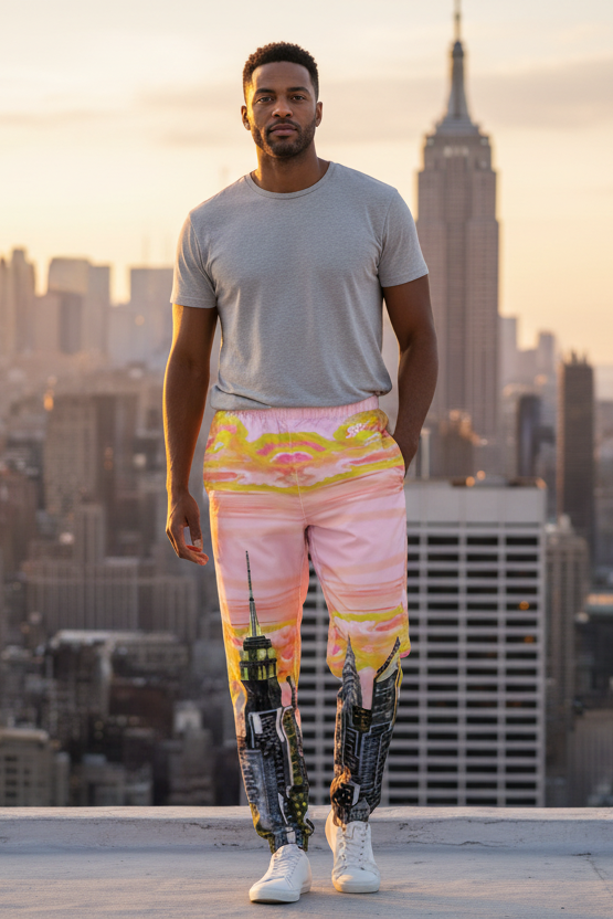 Man wearing Loria NYC Art pants standing on a rooftop with a city skyline in the background