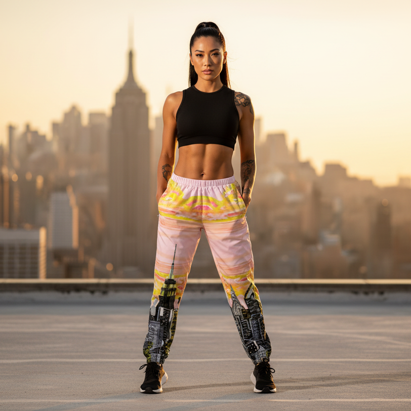 Woman in athletic wearing pink Loria NYC Art city skyline pants standing on a rooftop  