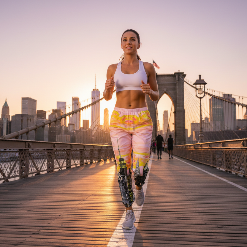 Woman running on a bridge wearing Loria NYC Art city skyline pants with sunset background