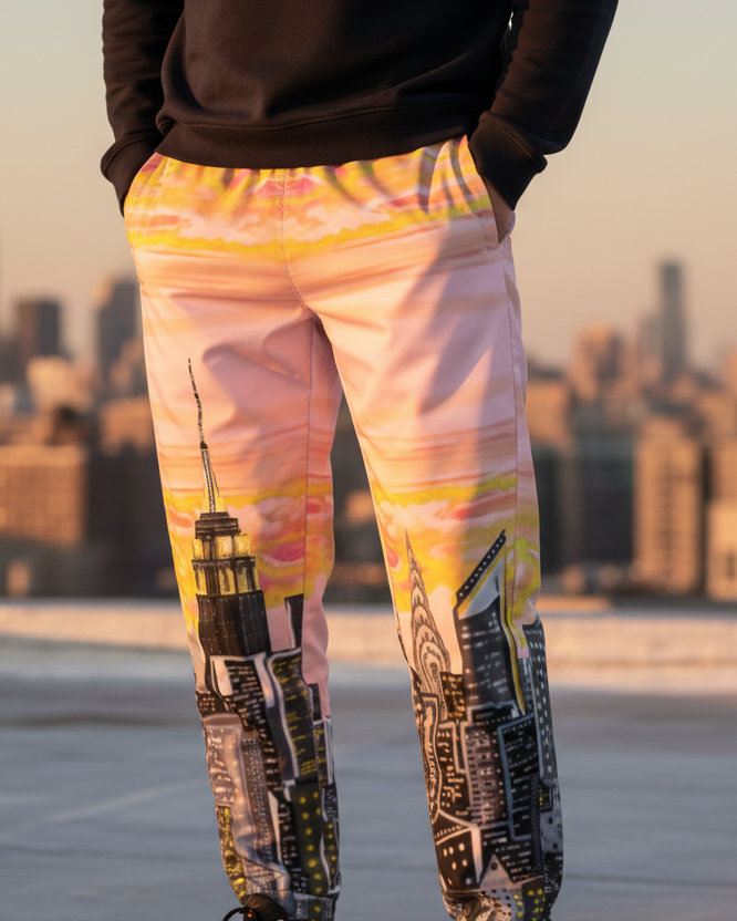 Person wearing colorful Loria NYC Art pants with cityscape design against a city skyline at sunset.