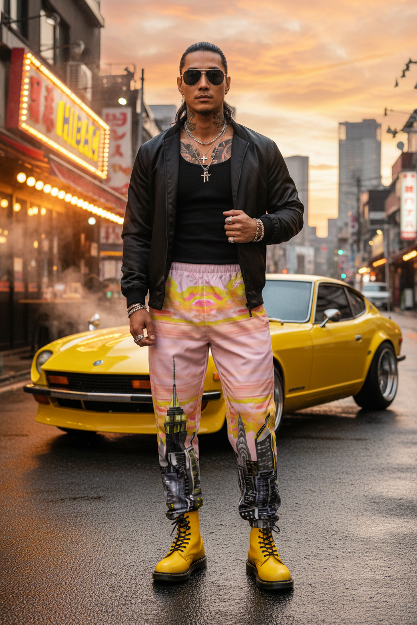 Man in stylish colorful Loria NYC Art pants with yellow car on city street at sunset