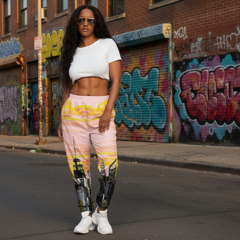 Woman wearing a white crop top and colorful Loria NYC Art pants on a urban background