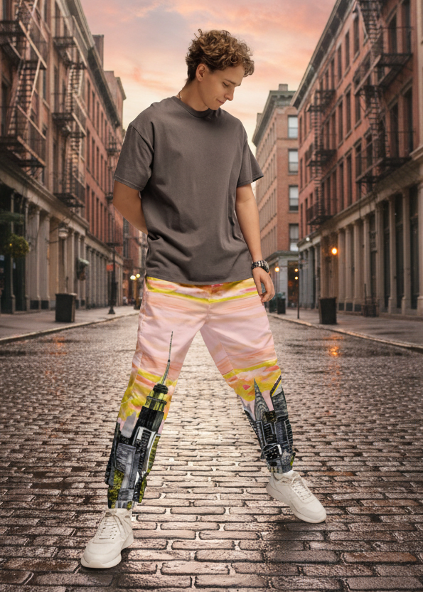 Person wearing a gray t-shirt and Loria NYC Art  colorful pants standing against an urban background
