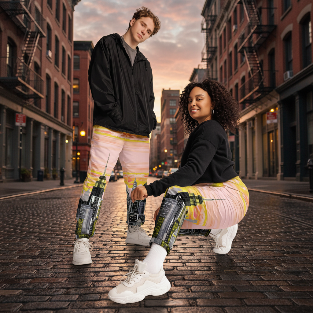 Two people wearing Loria NYC Art colorful pants with cityscape designs on a urban background