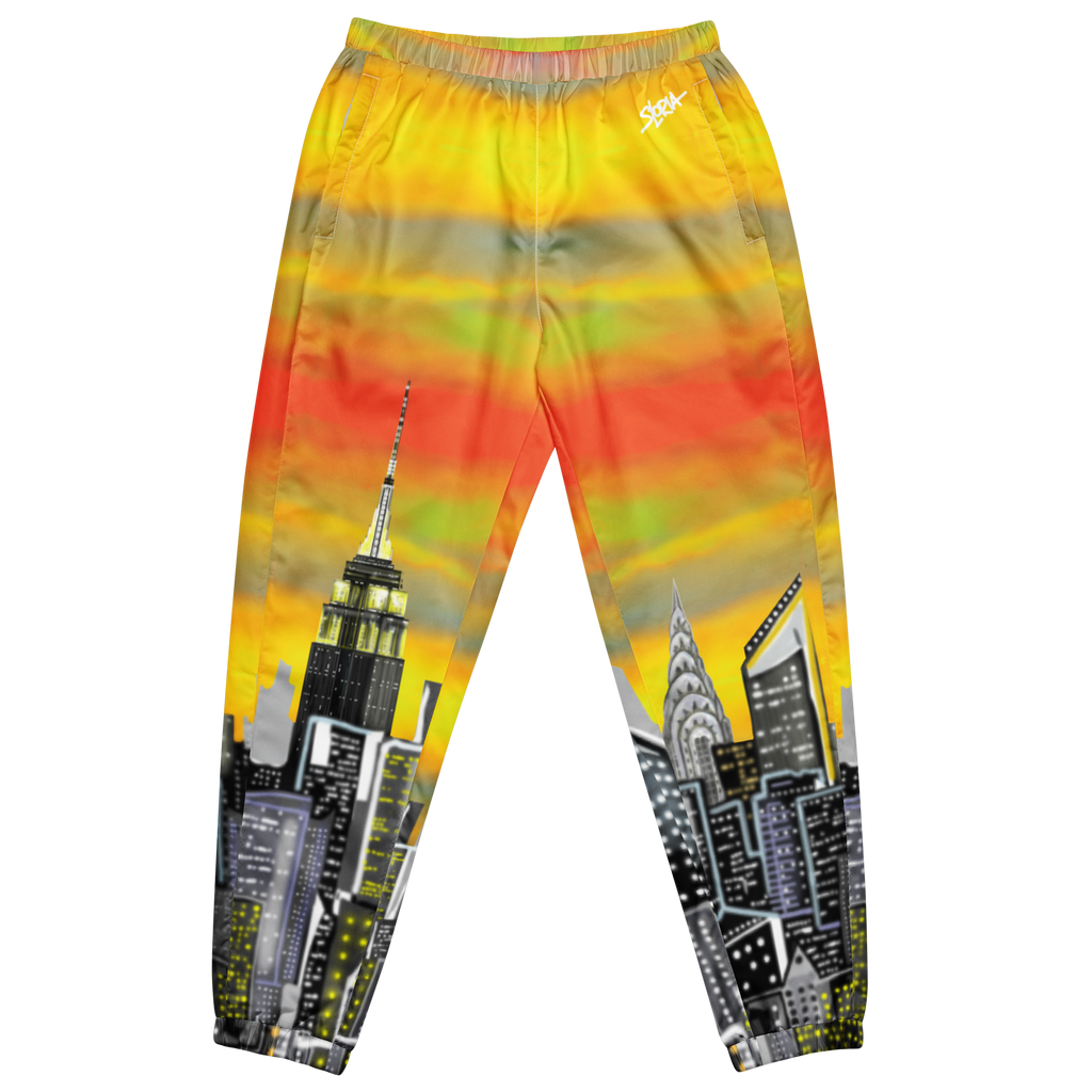 Colorful sweatpants with cityscape Loria NYC Art design on a white background