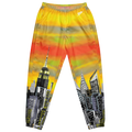 Colorful sweatpants with cityscape Loria NYC Art design on a white background