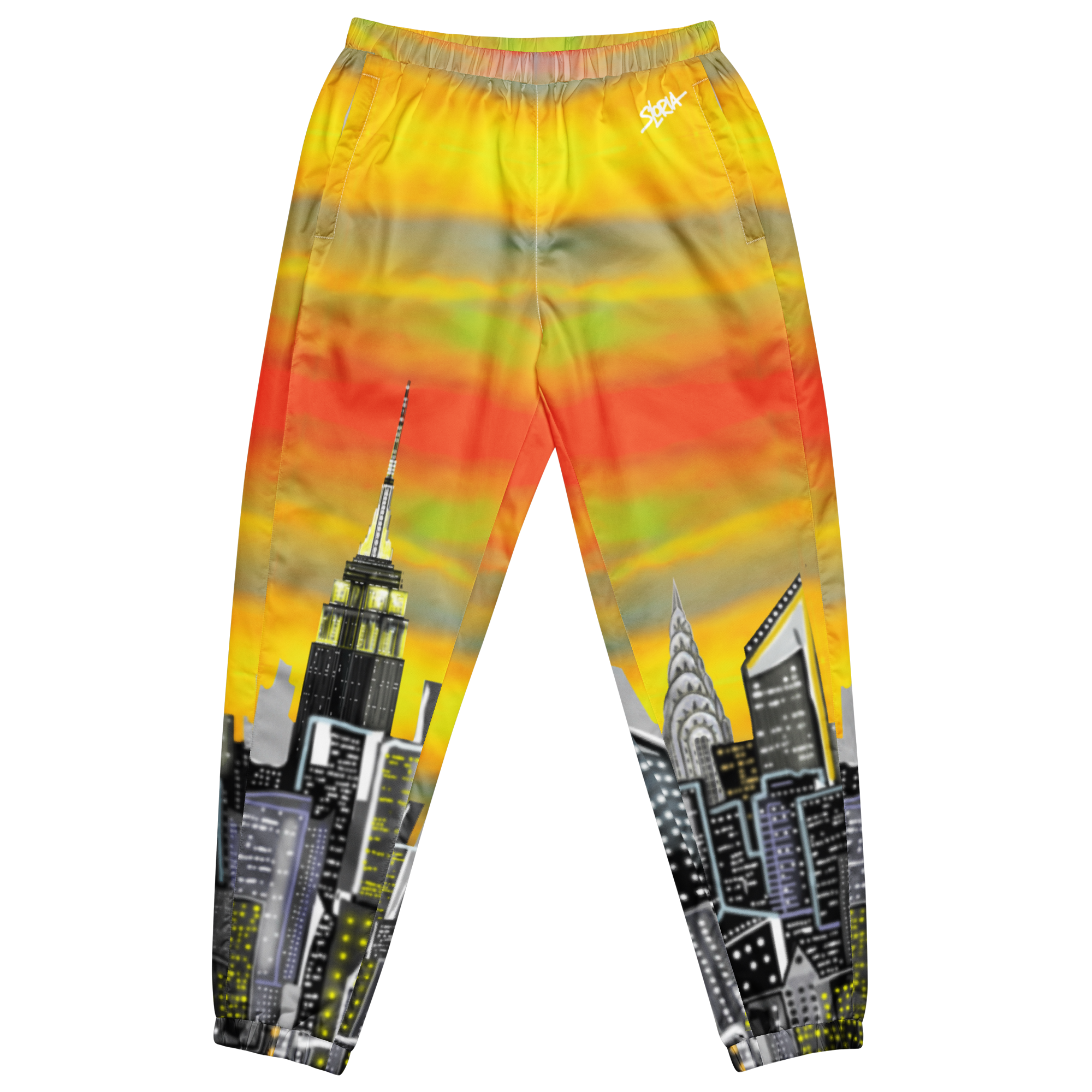 Colorful sweatpants with cityscape Loria NYC Art design on a white background