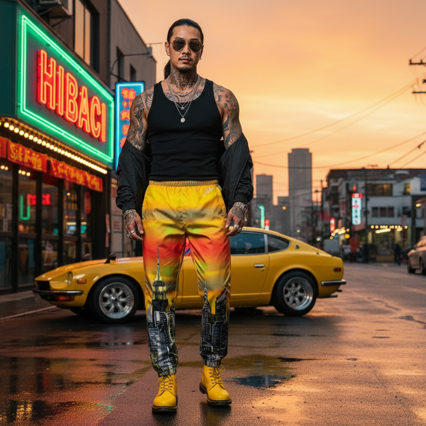 Person wearing a black tank top and colorful Loria NYC Art pants standing in front of a neon sign and yellow car.