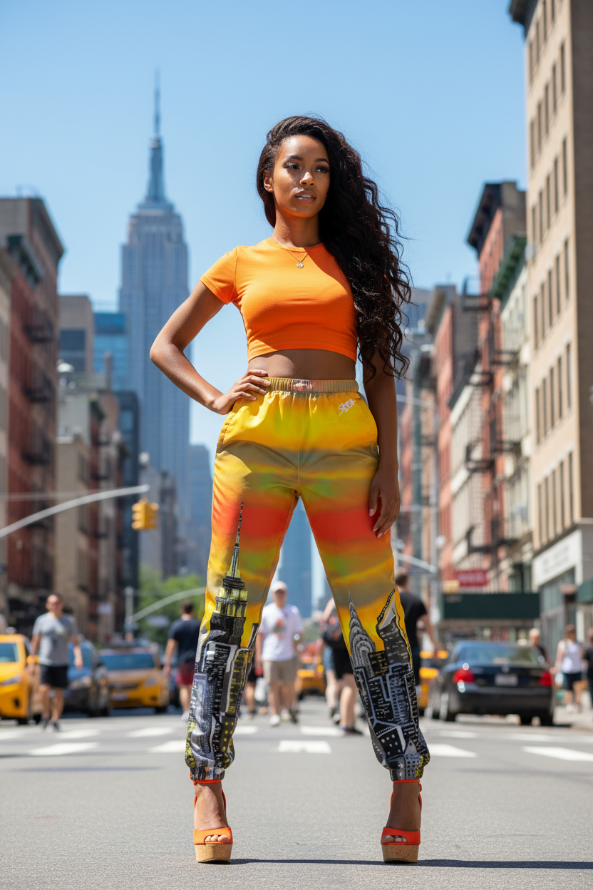 Woman in an orange outfit with Loria NYC Art pants standing on a city street with the Empire State Building in the background.